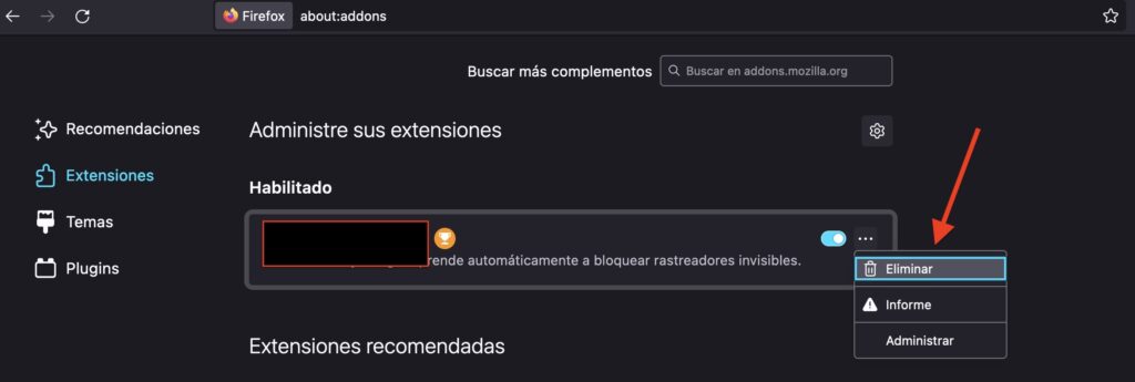 eliminar extensión Firefox