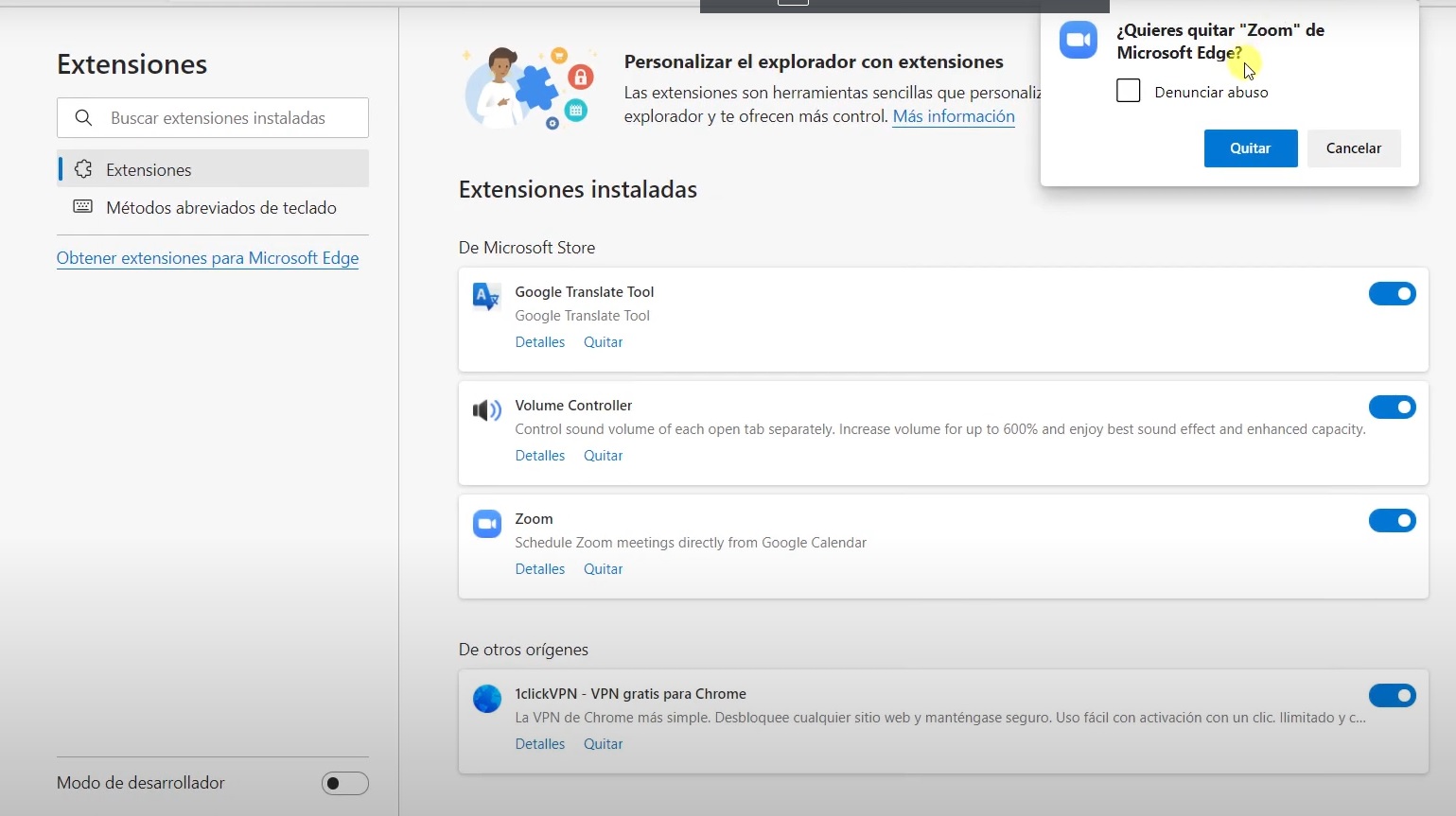 Eliminar extensiones en Edge