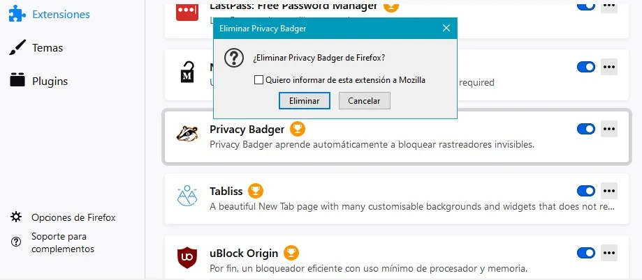 Eliminar extensiones en Firefox