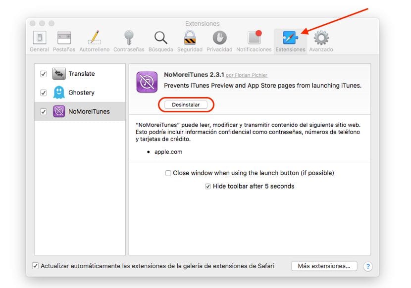 Eliminar extensiones en Macos