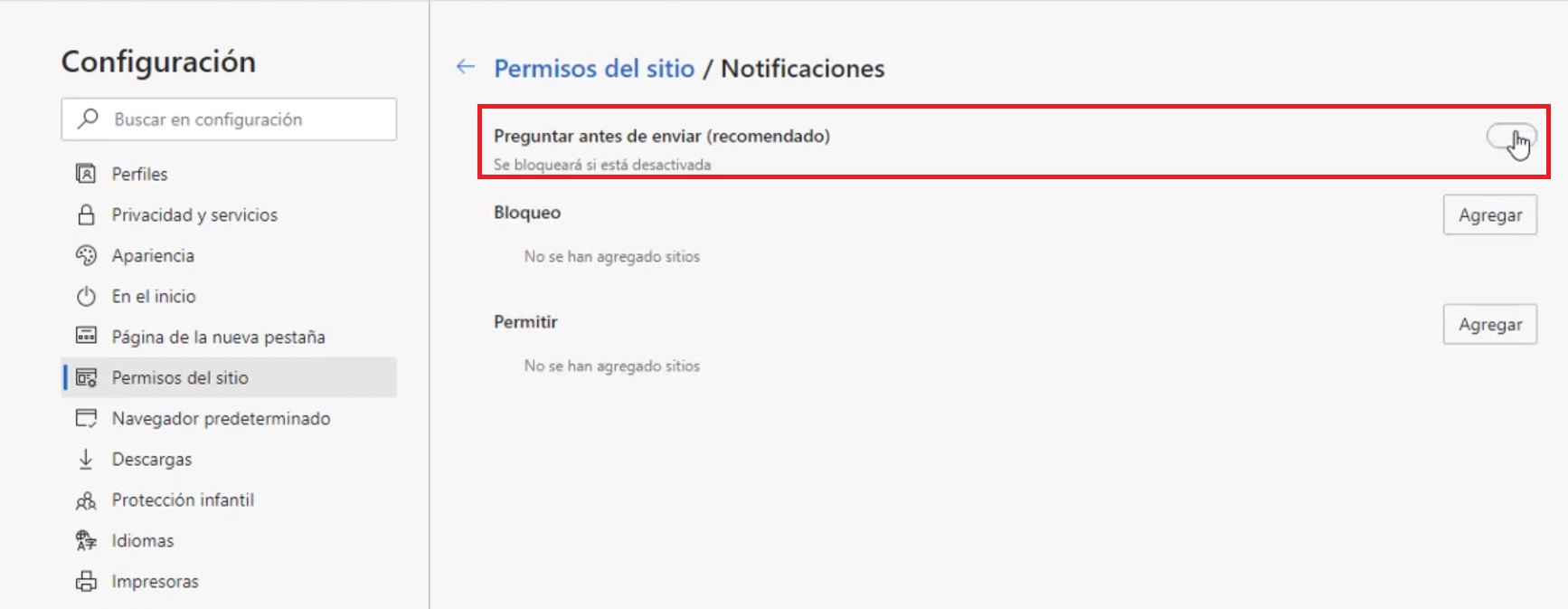 Desactiva las notificaciones de Microsoft Edge