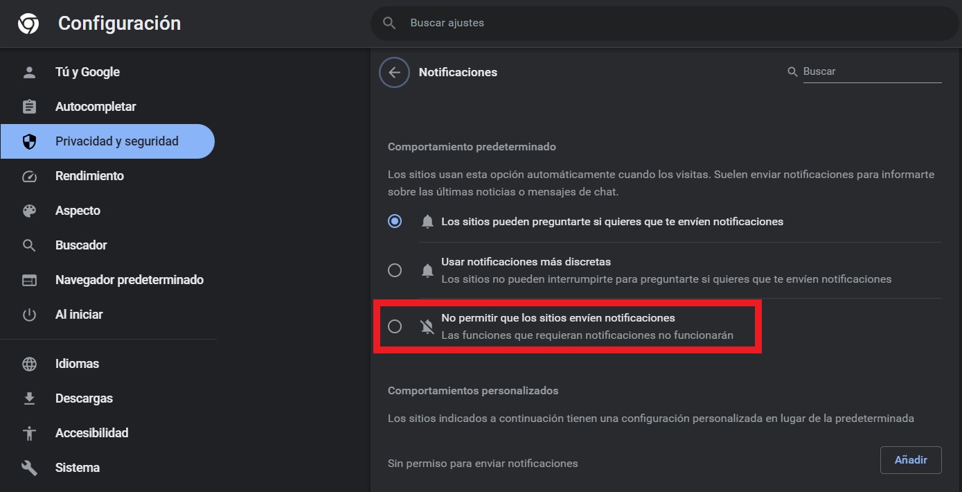 Desactiva las notificaciones de Google Chrome