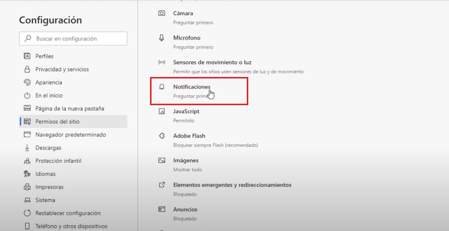 Desactiva las notificaciones de Microsoft Edge